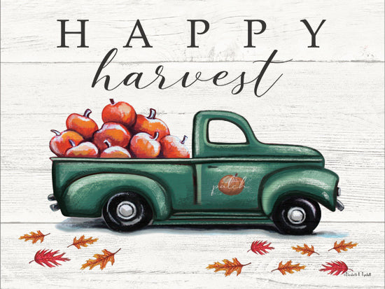 Elizabeth Tyndall ET337 - ET337 - Happy Harvest Truck - 16x12 Still Life, Truck, Green Truck, Pumpkins, Fall, Happy Harvest, Typography, Signs, Textual Art, Leaves, Pumpkin Farm, Wood Background from Penny Lane