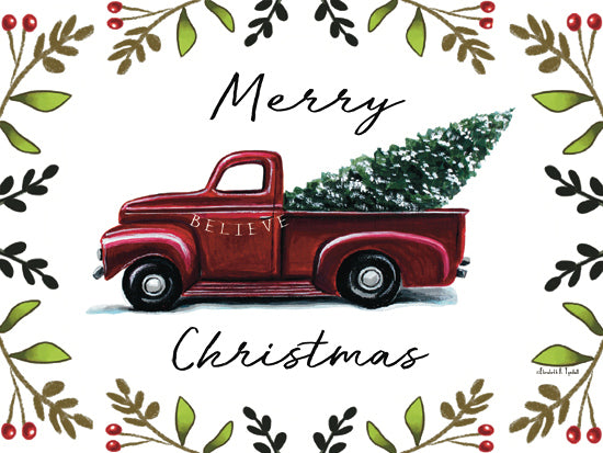 Elizabeth Tyndall ET338 - ET338 - Merry Christmas Truck with Christmas Tree - 16x12 Still Life, Truck, Red Truck, Christmas Tree, Merry Christmas, Typography, Signs, Textual Art, Holly, Berries, Winter from Penny Lane
