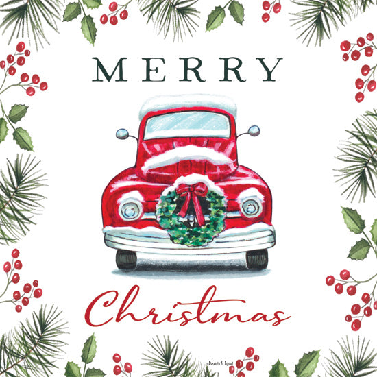 Elizabeth Tyndall ET339 - ET339 - Merry Christmas Truck with Wreath - 12x12 Still Life, Truck, Red Truck, Christmas Wreath, Merry Christmas, Typography, Signs, Textual Art, Holly, Berries, Winter from Penny Lane