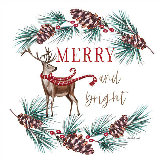 Elizabeth Tyndall ET376 - ET376 - Merry and Bright Reindeer - 12x12 Christmas, Holidays, Lodge, Reindeer, Evergreen Sprigs, Pinecones, Berries, Merry and Bright, Typography, Signs, Textual Art, Whimsical from Penny Lane