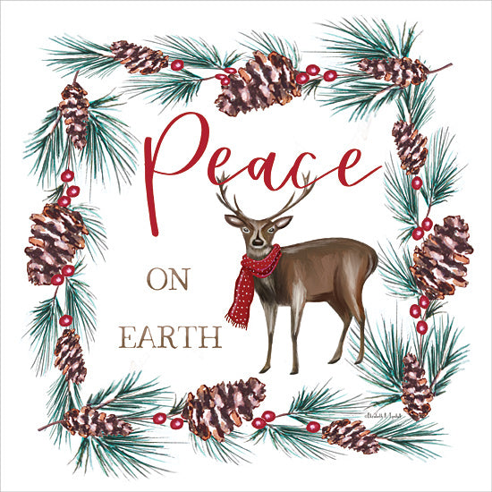 Elizabeth Tyndall ET377 - ET377 - Peace on Earth Reindeer - 12x12 Christmas, Holidays, Lodge, Reindeer, Evergreen Sprigs, Pinecones, Berries, Peace on Earth, Typography, Signs, Textual Art, Whimsical from Penny Lane