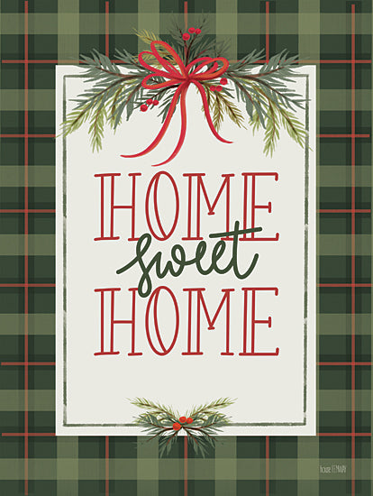 House Fenway FEN1157 - FEN1157 - Plaid Home Sweet Home - 12x16 Christmas, Holidays, Home Sweet Home, Typography, Signs, Textual Art, Green Plaid, Pine Sprigs, Berries, Red Bow, Winter from Penny Lane
