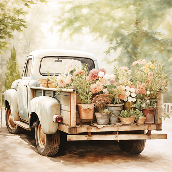 Heidi Kuntz HK312 - HK312 - Trip to the Greenhouse    - 12x12 Truck, Light Blue Truck, Flower Truck, Flowers, Potted Flowers, Potted Plants, Trees, Watercolor, Trip to the Greenhouse, Cottage/Country from Penny Lane