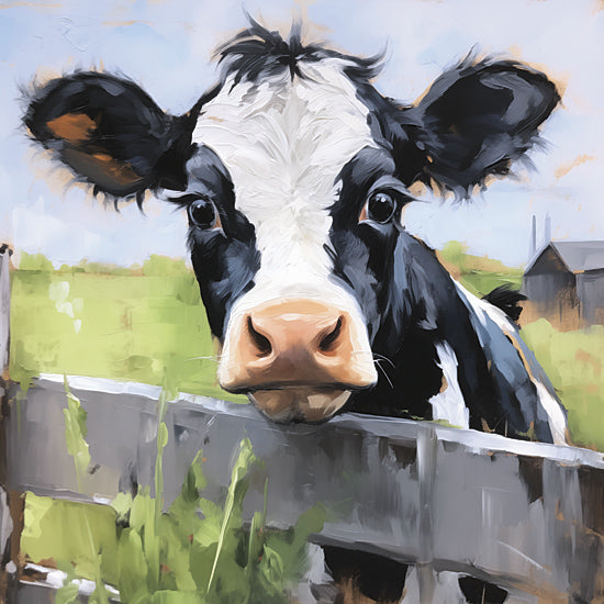 Heidi Kuntz HK317 - HK317 - Lil' Abe   - 12x12 Farm, Cow, Black and White Cow, Farm Animal, Fence, Field, Barn, Watercolor, Portrait, Lil 'Abe, Farmhouse/Country from Penny Lane