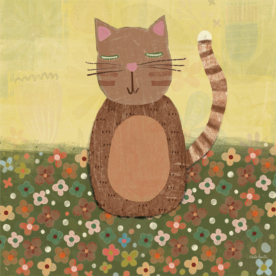 Katie Doucette KD219 - KD219 - Kitty with Wildflowers - 12x12 Pets, Cats, Kitty, Brown Cat, Flowers, Folk Art, Patterned Background from Penny Lane