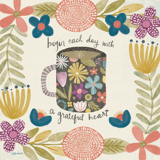 Katie Doucette KD223 - KD223 - Grateful Heart Coffee - 12x12 Inspirational, Begin Each Day with a Grateful Heart, Typography, Signs, Textual Art, Coffee Cup, Flowers, Folk Art from Penny Lane