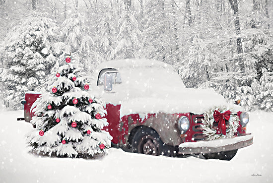 Lori Deiter LD3298 - LD3298 - Snowy Vintage Christmas - 18x12 Photography, Winter, Christmas, Holidays, Snow, Farm, Tree Farm, Trees, Truck, Red Truck, Christmas Tree, Decorated Tree, Landscape from Penny Lane