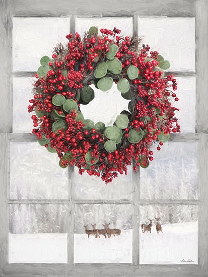 Lori Deiter LD3299 - LD3299 - A Cold Winter's Day - 12x16 Photography, Winter, Window, Wreath, Greenery, Berries, Eucalyptus Leaves, Deer, Snow, Trees from Penny Lane