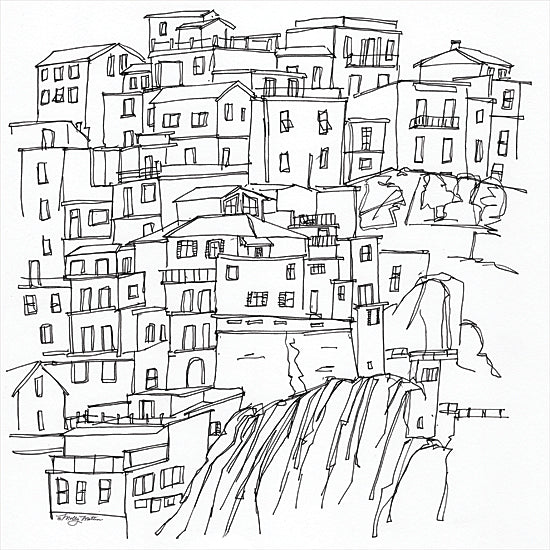 Molly Mattin MAT144 - MAT144 - Cinque Terre - 12x12 Cinque Terre, Italy, Coastal Area in Liguria, Landscape, Houses, Drawing Print, Black & White from Penny Lane