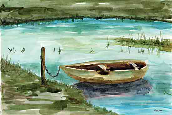 Molly Mattin MAT198 - MAT198 - Lone Canoe - 18x12 Lake, Lodge, Canoe, Landscape, Post, Chain, Lock from Penny Lane