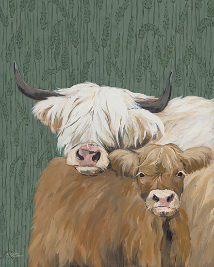 Michele Norman MN366 - MN366 - Bonnie and Her Bairn - 12x16 Cows, Highland Cows, Mother, Calf, Leaf Patterns, Green Background from Penny Lane