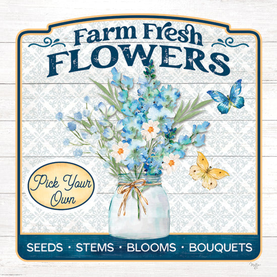 Mollie B. MOL2791 - MOL2791 - Farm Fresh Flowers - 12x12 Farm, Flowers, Bouquet, Blue flowers, Canning Jar, Butterflies, Spring, Farm Fresh Flowers, Typography, Signs, Textual Art, Farmhouse/Country from Penny Lane