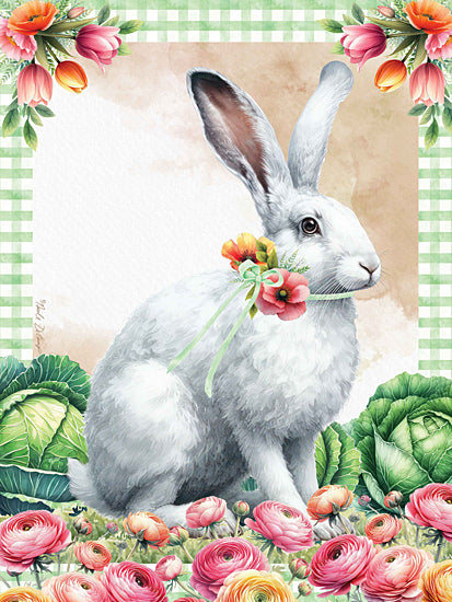 Nicole DeCamp ND408 - ND408 - Full Bloom Rabbit - 12x16 Easter, Spring, Rabbit, Garden, Cabbage, Flowers, Pink Flowers, Orange Flowers, Green and White Plaid, Easter Bunny, Garden from Penny Lane