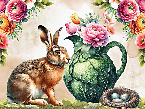Nicole DeCamp ND412 - ND412 - Full Bloom Rabbit and Pitcher of Flowers - 16x12 Easter, Spring, Rabbit, Still Life, Pitcher, Cabbage, Bird's Nest, Bird Eggs, Flowers, Pink Flowers, Orange Flowers, Greenery from Penny Lane