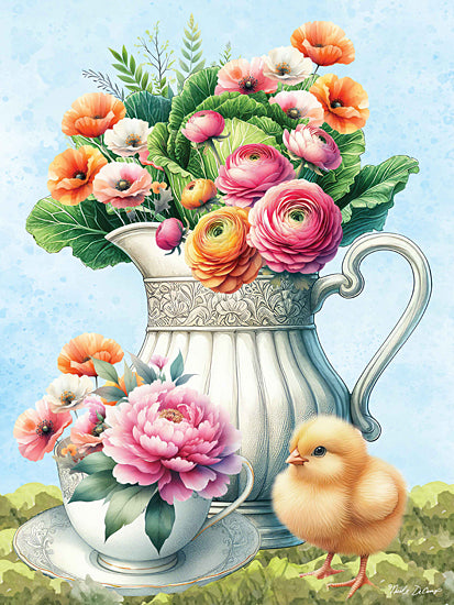 Nicole DeCamp ND413 - ND413 - Pitcher of Flowers and Chick - 12x16 Easter, Spring, Still Life, Pitcher, Flowers, Bouquet, Chick, Tea Cup, Cabbage, Pink Flowers, Orange Flowers from Penny Lane