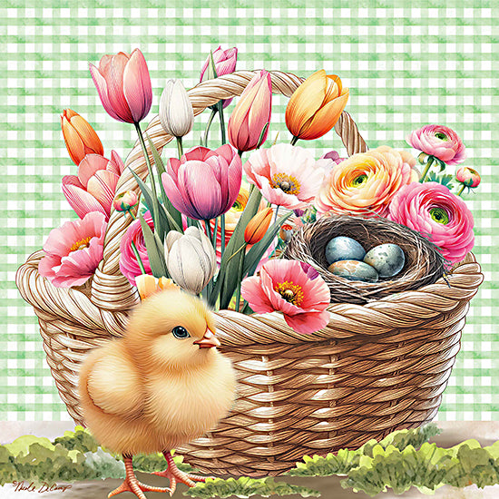Nicole DeCamp ND414 - ND414 - Basket of Flowers and Chick - 12x12 Easter, Spring, Chick, Basket, Flowers, Tulips, Spring Flowers, Orange Flowers, Pink Flowers, Birds Nest, Bird Eggs, Green and White Plaid from Penny Lane