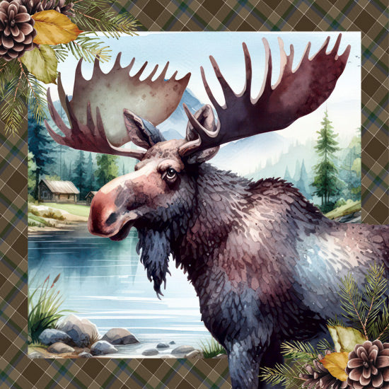 Nicole DeCamp ND574 - ND574 - Woodland Retreat Moose - 12x12 Lodge, Moose, Landscape, Cabin, Lake, Rocks, Trees, Plaid Border, Pine Cones from Penny Lane