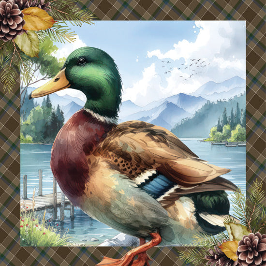 Nicole DeCamp ND576 - ND576 - Woodland Retreat Duck - 12x12 Lodge, Duck, Landscape, Dock, Lake, Trees, Mountains, Plaid Border, Pine Cones from Penny Lane