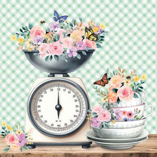 Nicole DeCamp ND590 - ND590 - Kitchen Scale and Dishes with Flowers - 12x12 Kitchen, Still Life, Flowers, Scale, Plate, Bowls, Coffee Cups, Butterflies, Green & White Plaid from Penny Lane