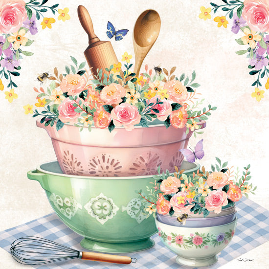 Nicole DeCamp ND591 - ND591 - In the Kitchen Colander and Bowls - 12x12 Kitchen, Still Life, Mixing Bowls, Whisk, Rolling Pin, Wooden Spoon, Flowers, Butterflies, Blue & White Plaid Placemat from Penny Lane