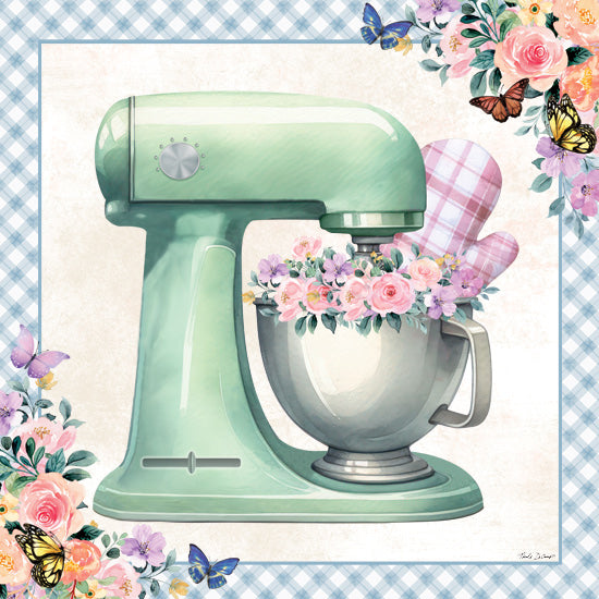 Nicole DeCamp ND594 - ND594 - In the Kitchen Mixer - 12x12 Kitchen, Still Life, Electric Mixer, Oven Mitt, Flowers, Butterflies, Blue & White Plaid, Border from Penny Lane