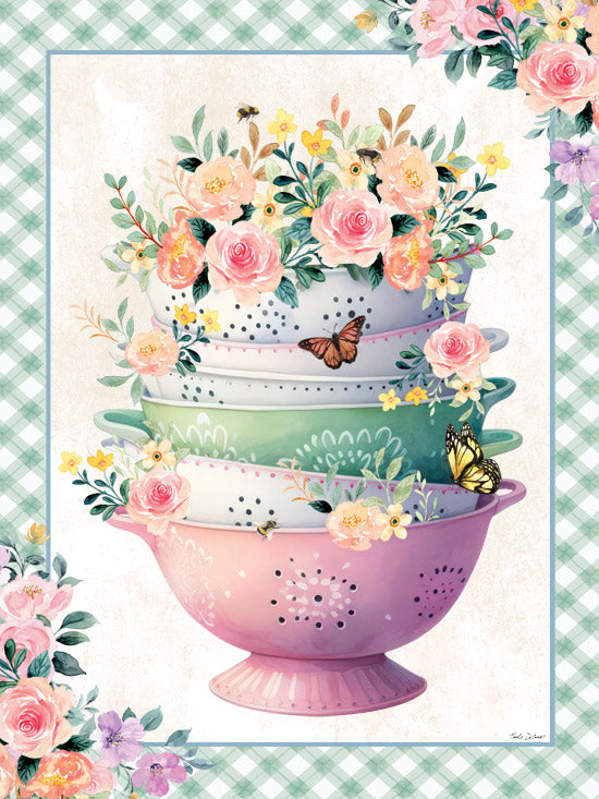 Nicole DeCamp ND595 - ND595 - In the Kitchen Floral Colander - 12x16 Kitchen, Still Life, Flowers, Colanders, Butterflies, Green & White Plaid, Border from Penny Lane