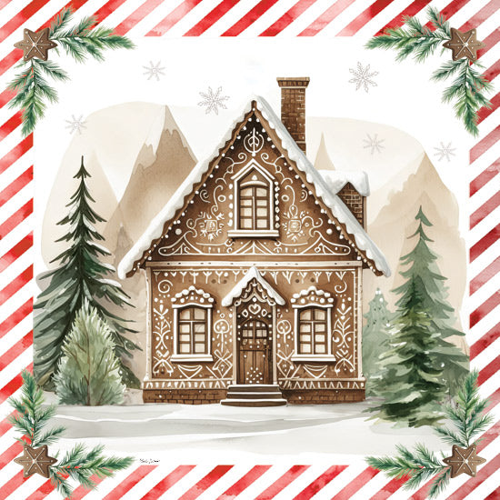 Nicole DeCamp ND619 - ND619 - Gingerbread Lane House I - 12x12 Christmas, Holidays, Kitchen, Gingerbread House, Icing, Trees, Pine Trees, Pine Sprigs, Stars, Red and White Border, Winter from Penny Lane