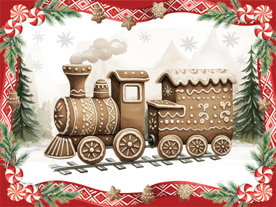 Nicole DeCamp ND625 - ND625 - Gingerbread Lane Train - 16x12 Christmas, Holidays, Kitchen, Gingerbread, Gingerbread Train, Cookies, Candy, Pine Sprigs, Train Tracks, Trees, Winter, Snowflakes, Red Border from Penny Lane