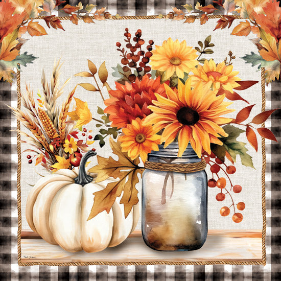 Nicole DeCamp ND629 - ND629 - Fall Still Life - 12x12 Fall, Still Life, Pumpkin, White Pumpkin, Flowers, Sunflowers, Mums, Canning Jar, Indian Corn, Black & White Plaid, Border, Farmhouse/Country from Penny Lane