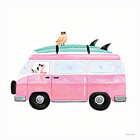 Rachel Nieman RN597 - RN597 - Flamingo Van Life - 12x12 Whimsical, Van, Flamingo, Birds, Pink Van, Surfing from Penny Lane