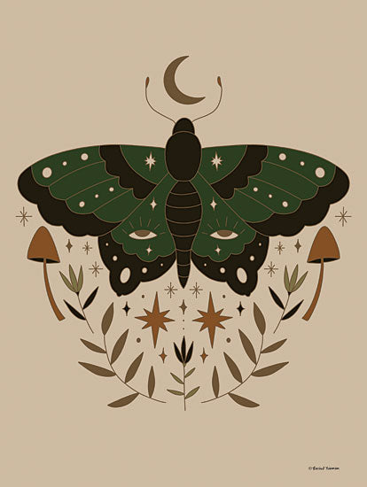 Rachel Nieman RN640 - RN640 - Celestial Butterfly 3 - 12x16 Folk Art, Butterfly, Greenery, Moon, Stars, Celestial, Green, Tan from Penny Lane