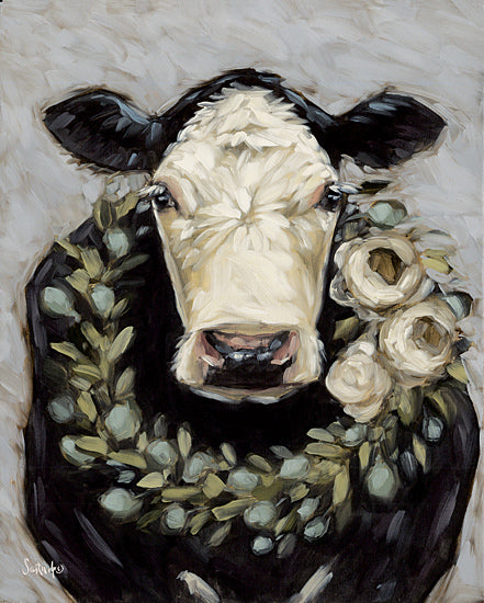 Sara G. Designs SGD223 - SGD223 - Simple Beauty I - 12x16 Cow, Black & White Cow, Whimsical, Wreath, Greenery, Flowers, White Flowers, Brush Strokes from Penny Lane