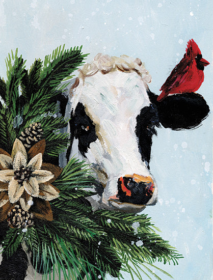 White Ladder WL273 - WL273 - Christmas Cow and Cardinal - 12x16 Winter, Whimsical, Cow, Black & White Cow, Cardinal, Pine Swag, Pine Cones, Flower, Snow from Penny Lane