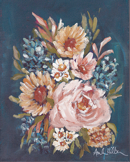 Amanda Hilburn AH184 - AH184 - Boho Bouquet V - 12x16 Flowers, Pink Flowers, Orange Flowers, Blue Flowers, Greenery, Dark Background, Bouquet, Bohemian, Boho Bouquet from Penny Lane