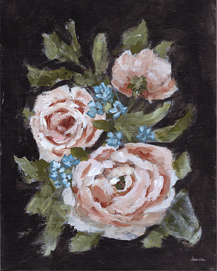 Amanda Hilburn AH215 - AH215 - Vintage Blooms - 12x16 pink roses, black background, lush petals, floral bouquet, green leaves, cottagecore aesthetic, bold contrast, romantic flowers from Penny Lane