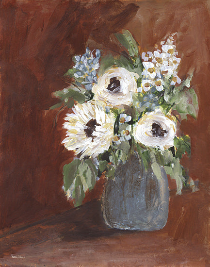 Amanda Hilburn AH246 - AH246 - Spiced Embrace II - 12x16 white anemones, blue flowers, red background, still life floral, bouquet in vase, painterly brush strokes, rustic elegance, expressive florals, impressionistic style from Penny Lane