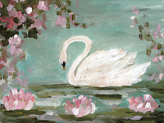 Amanda Hilburn AH259 - AH259 - Romantic Swan - 16x12 white swan, pond scene, water lilies, peaceful lake, elegant bird, soft green water, romantic nature art from Penny Lane