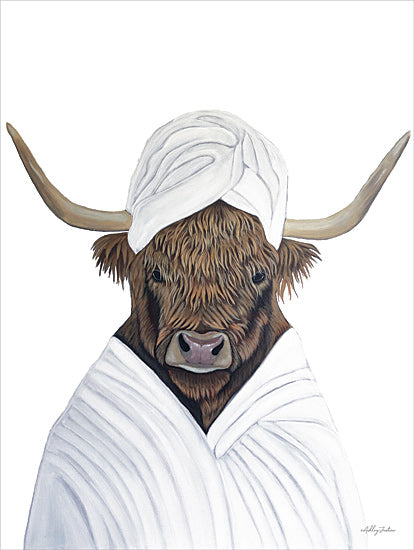 Ashley Justice AJ223 - AJ223 - Missy May's Spa Day - 12x16 highland cow, animal portrait, whimsical farm animal, humor, rustic charm, western cow, soft white background, painterly texture from Penny Lane