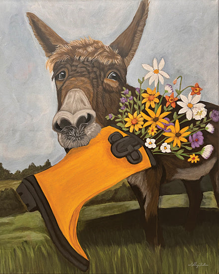 Ashley Justice AJ242 - AJ242 - Donkey Shenanigans    - 12x16 donkey holding boot, humorous farm animal, flowers, countryside scene, whimsical art, storytelling illustration from Penny Lane