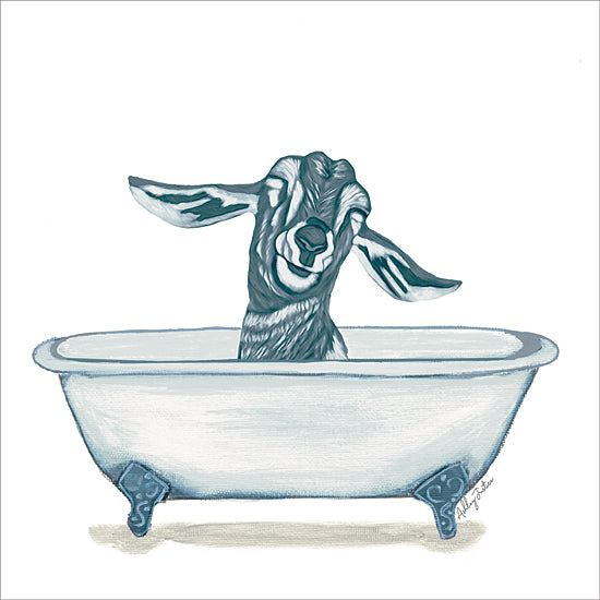 Ashley Justice AJ246 - AJ246 - Goat in Tub - 12x12 goat in bathtub, humorous animal art, teal tones, whimsical farm theme, animal illustration, rustic charm, playful farm decor from Penny Lane