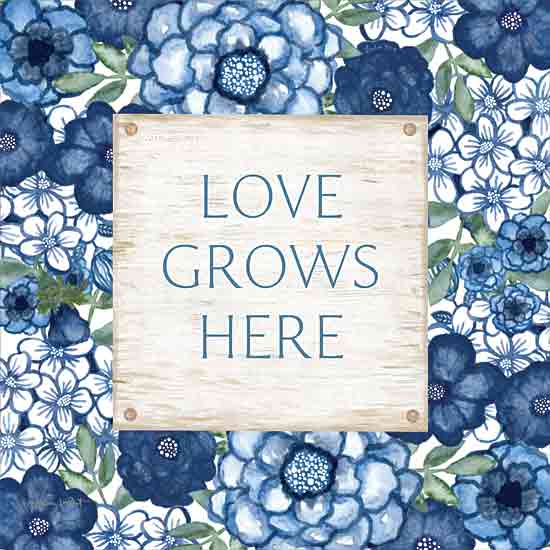 Annie LaPoint ALP2499 - ALP2499 - Love Grows Here - 12x12 Inspirational, Love Grows Here, Typography, Signs, Textual Art, Flowers, Blue & White Flowers from Penny Lane