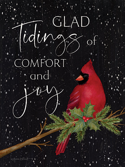 Annie LaPoint ALP2694 - ALP2694 - Comfort and Joy Cardinal - 12x16 Christmas, Holidays, Cardinal, Tree Branch, Holly, Berries, Glad Tidings of Comfort and Joy, Typography, Signs, Textual Art, Black Background, Winter, Snow from Penny Lane