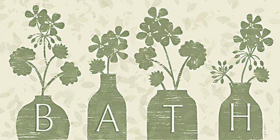 Annie LaPoint ALP2720 - ALP2720 - Bath Sign - 18x9 green flower illustrations, block letter BATH, rustic decorative vases, farmhouse style, neutral background, decorative sign from Penny Lane