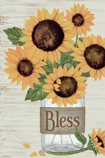 Annie LaPoint ALP2775 - ALP2775 - Bless This Home Sunflower Triptych I - 12x18 sunflowers, mason jar, bouquet, rustic, farmhouse decor, bless quote, burlap wrap, green leaves, watercolor painting, still life, summer flowers, country style, vertical wall art from Penny Lane