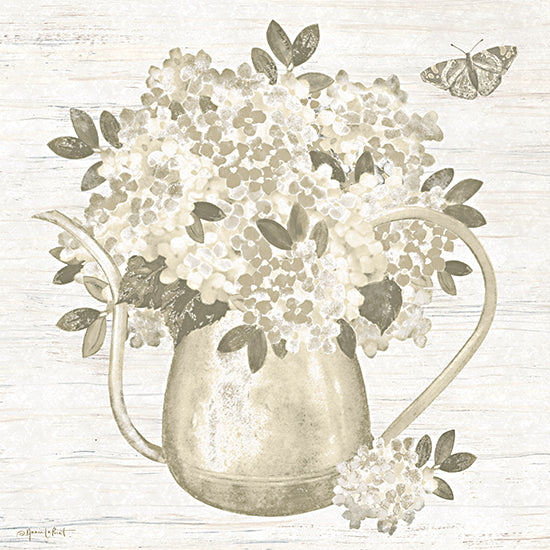 Annie LaPoint ALP2801 - ALP2801 - Vintage Blooms II - 12x12 watering can, hydrangea bouquet, garden flowers, farmhouse decor, vintage pitcher, butterfly, botanical, soft green tones, rustic wood background, still life, cottage garden from Penny Lane