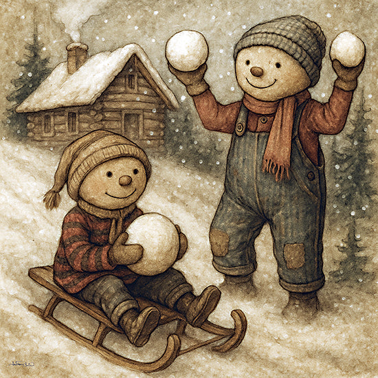 Anthony Smith ANT192 - ANT192 - Winter Fun - 12x12 snowball fight, children snowmen, sled, cabin, smoke chimney, snowy forest, red scarf, winter play, joyful, festive, cozy from Penny Lane