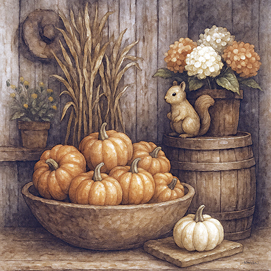 Anthony Smith ANT198 - ANT198 - Pumpkins and Hydrangeas - 12x12 pumpkins, fall harvest, squirrel, hydrangeas, dried corn, rustic barrels, wooden shed, autumn colors, cozy cabin feel, floral and vegetables from Penny Lane