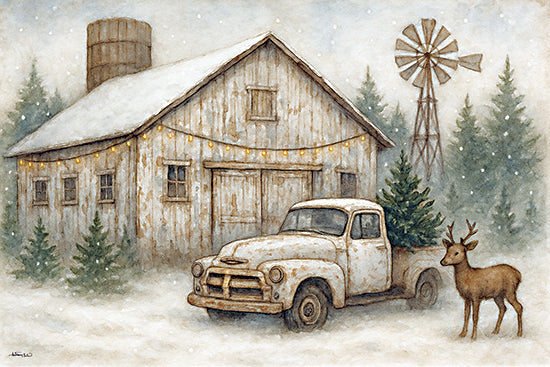 Anthony Smith ANT243 - ANT243 - Winter Visitor - 18x12 rustic winter barn, white truck, deer in snow, evergreen trees, windmill, snow falling, Christmas tree in truck, festive winter from Penny Lane
