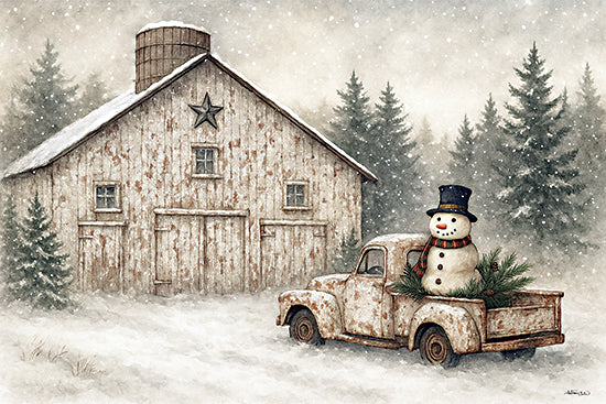 Anthony Smith ANT244 - ANT244 - Snowman Delivery - 18x12 rustic winter barn, vintage truck, snowman, snowfall, pine trees, wood texture, country charm, primitive decor, holiday season from Penny Lane