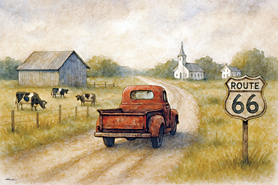 Anthony Smith ANT250 - ANT250 - Bygone Days on Route 66 II - 18x12 landscape, animals, travel, patriotic & americana, country, rural, path, farm animals, transportation, americana, truck, barn, church, dirt road, cows, route 66, farm, vintage, painterly, watercolor, brown from Penny Lane